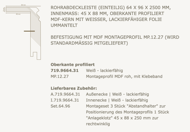 Südbrock Rohrabdeckleiste - Oberkante profiliert, MDF weiß - lackierfähig