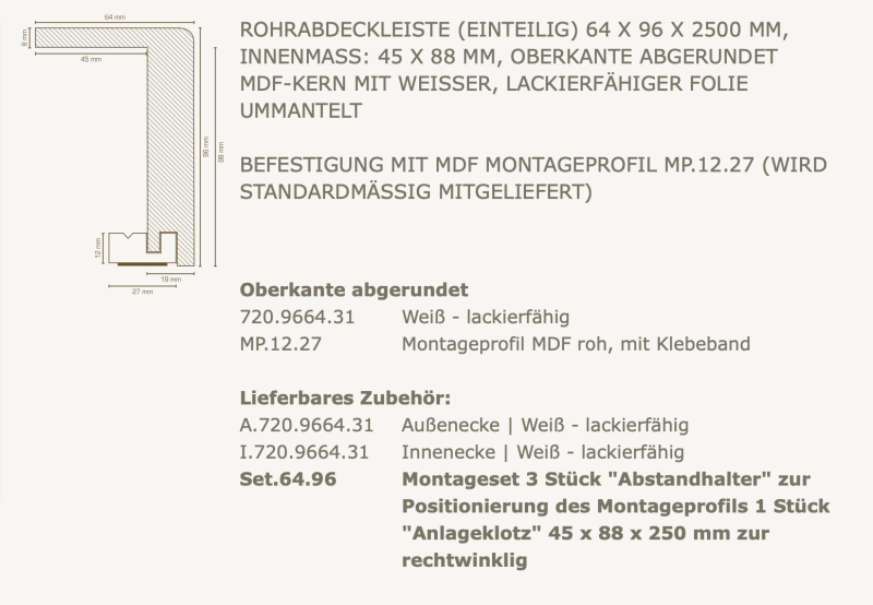 Südbrock Rohrabdeckleiste - Oberkante abgerundet, MDF weiß - lackierfähig