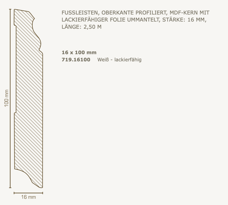 Südbrock Fußleiste, Oberkante profiliert, 16 mm, MDF-Kern, Weiß - lackierfähig