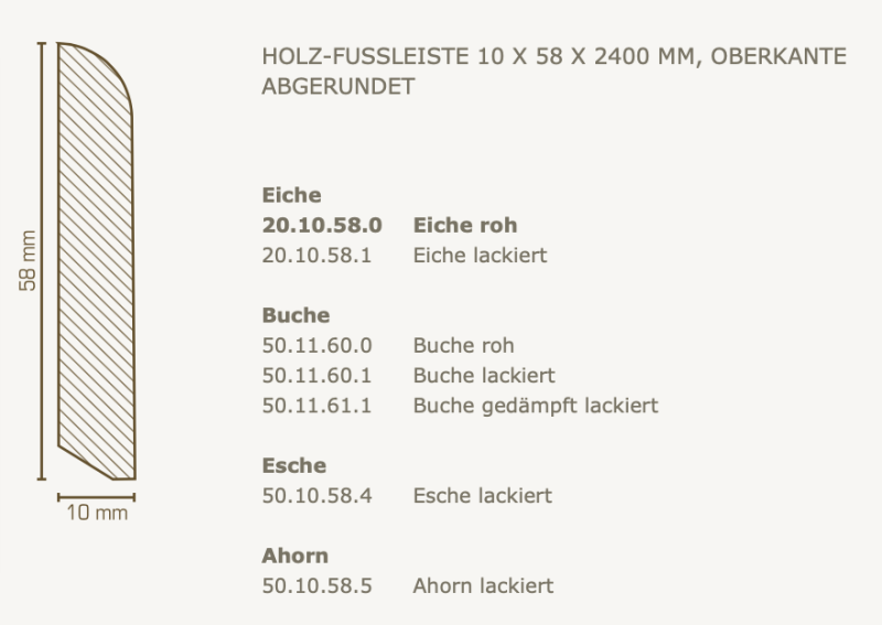 Südbrock Holzfußleiste 10 x 58 mm, Oberkante abgerundet