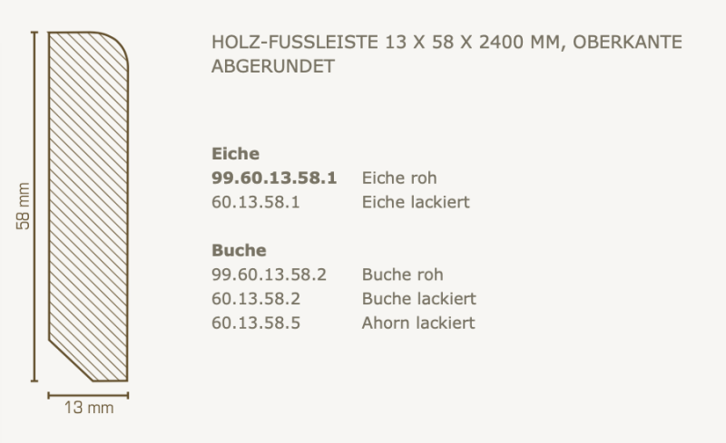 Südbrock Holzfußleiste 13 x 58 mm, Oberkante abgerundet