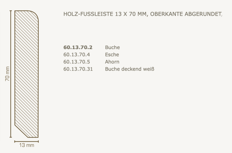 Südbrock Holzfußleiste 13 x 70 mm, Oberkante abgerundet