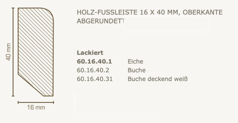 Südbrock Holzfußleiste 16 x 40 mm, Oberkante abgerundet