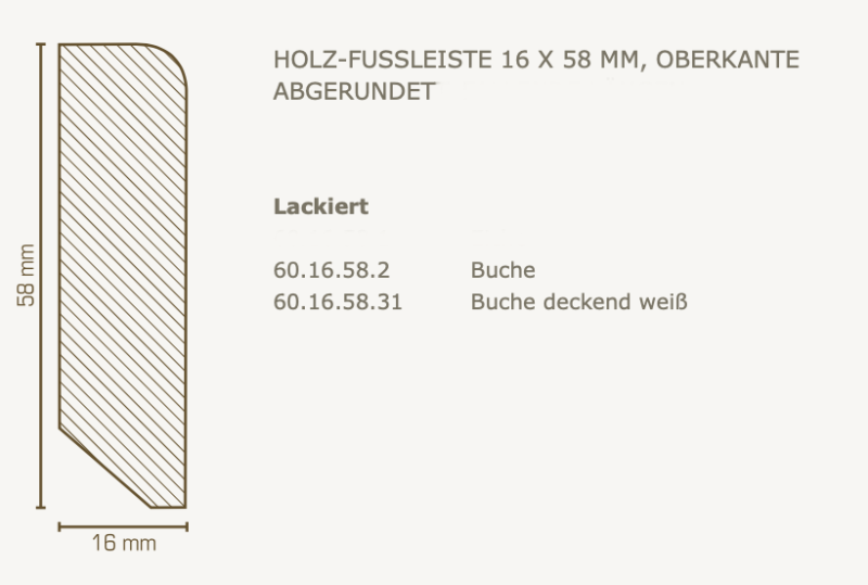 Südbrock Holzfußleiste 16 x 58 mm, Massivholz Buche, Oberkante abgerundet