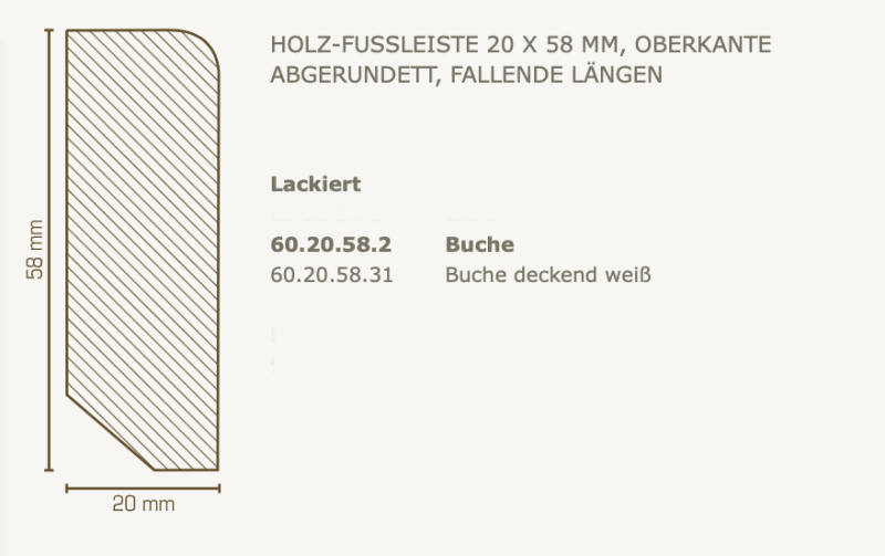 Südbrock Holzfußleiste 20 x 58 mm, Massivholz Buche, Oberkante abgerundet