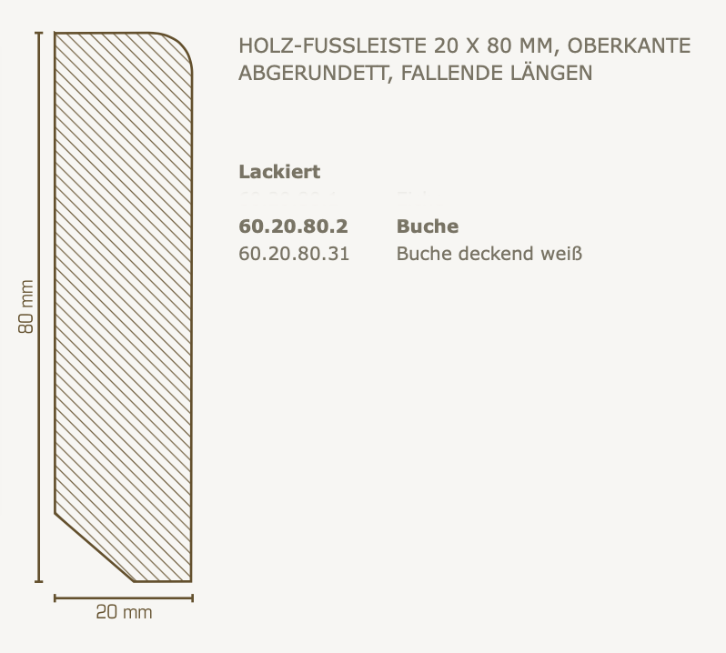 Südbrock Holzfußleiste 20 x 80 mm, Oberkante abgerundet