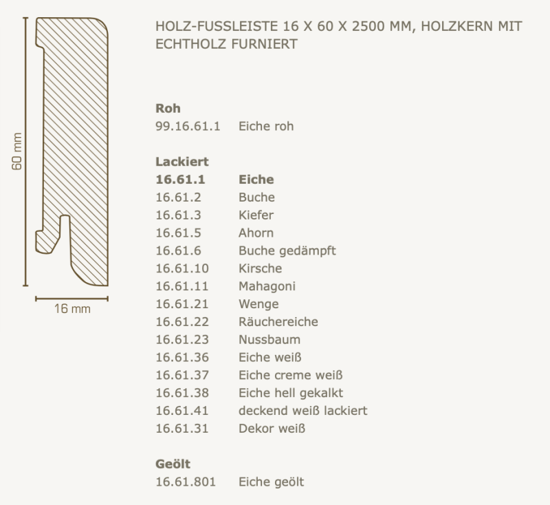 Südbrock Holzfußleiste zum Clipsen, 16 x 60 mm, Holzkern mit Echtholz furniert