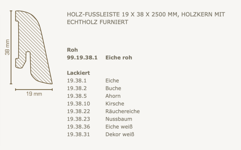 Südbrock Holzfußleiste zum Clipsen, 19 x 38 mm, Holzkern mit Echtholz furniert