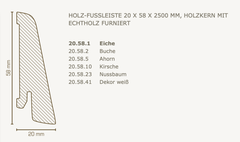 Südbrock Holzfußleiste zum Clipsen, 20 x 58 mm, Holzkern mit Echtholz furniert
