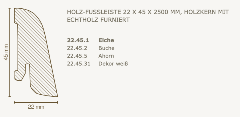 Südbrock Holzfußleiste zum Clipsen, 22 x 45 mm, Holzkern mit Echtholz furniert