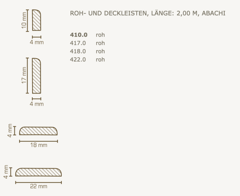 Südbrock Roh- und Deckleiste 4 mm, Massivholz Abachi