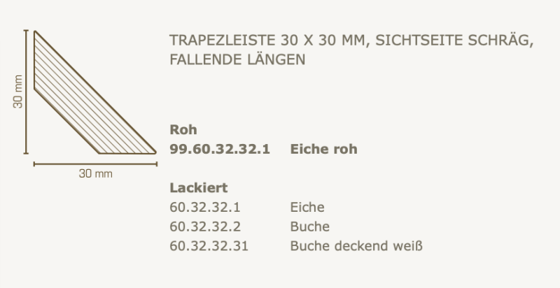 Südbrock Trapezleiste 30 x 30 mm, Massivholz, Sichtseite schräg, fallende Längen