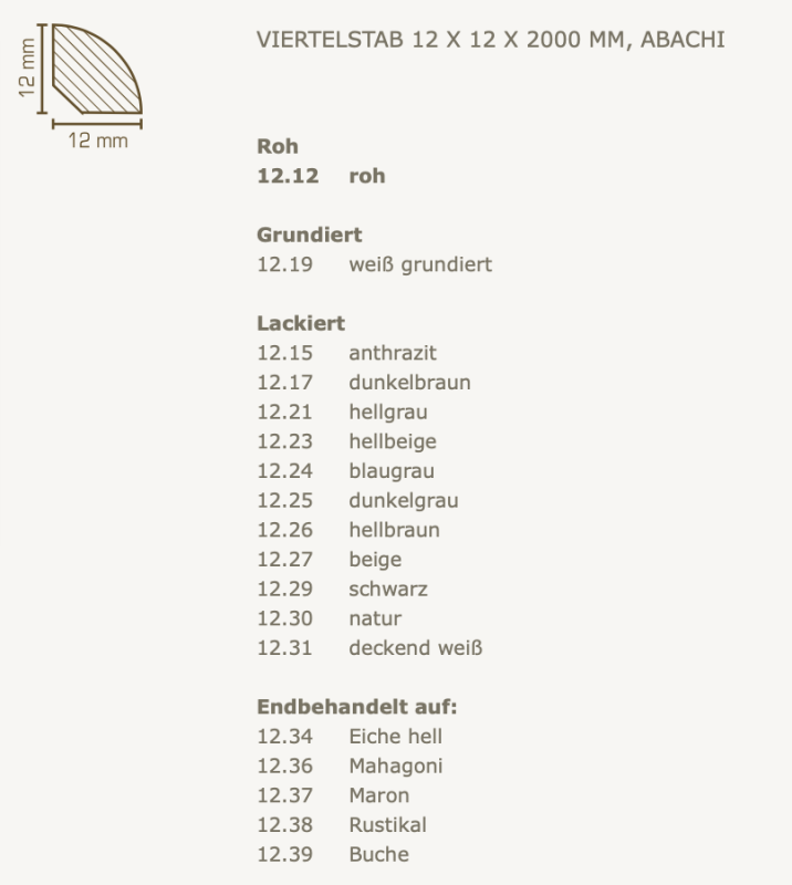 Südbrock Viertelstab 12 x 12 mm, Massivholz Abachi