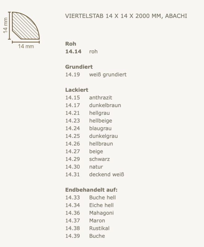Südbrock Viertelstab 14 x 14 mm, Massivholz Abachi