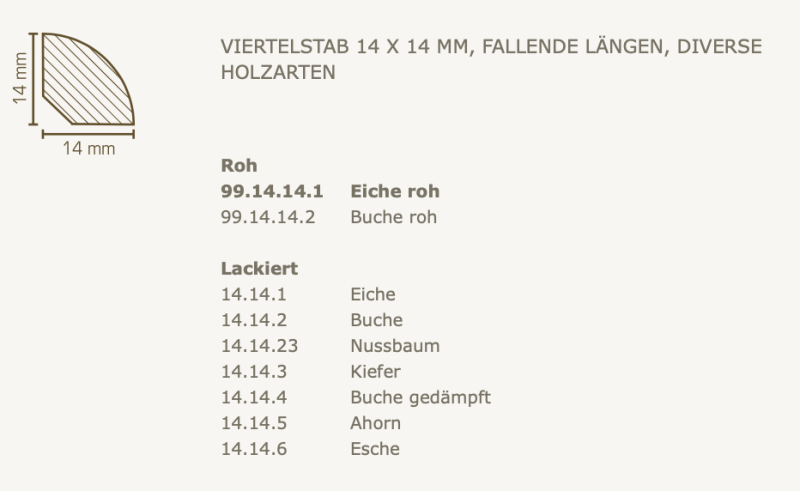 Südbrock Viertelstab 14 x 14 mm, Massivholz Abachi in fallende Längen