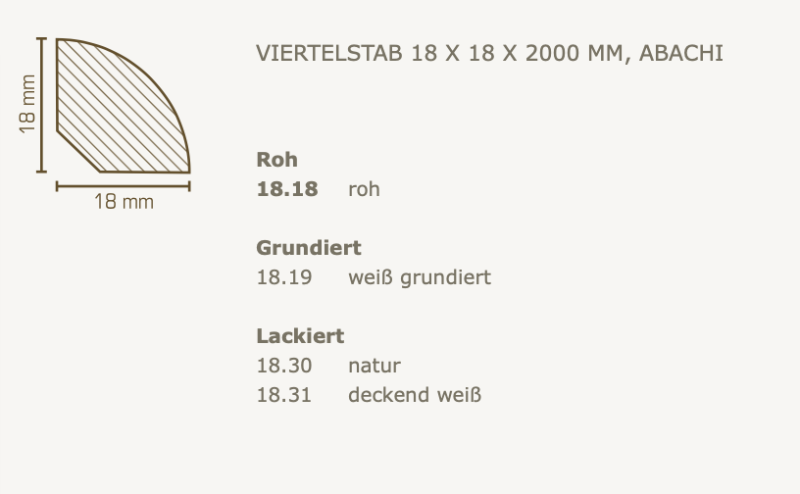Südbrock Viertelstab 18 x 18 mm, Massivholz Abachi