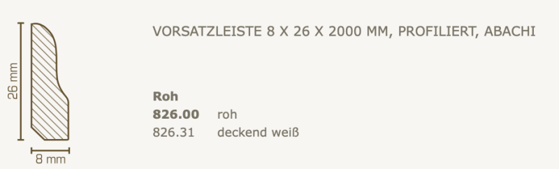Südbrock Vorsatzleiste 8 x 26 mm, Massivholz Abachi 